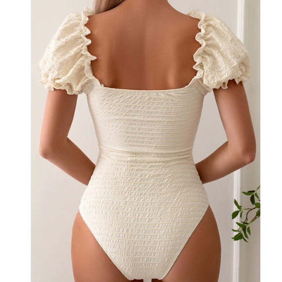 Boho Scoop Neck Puff Sleeve Cut out One Piece Swimsuit Monokini - Picture 2 of 8